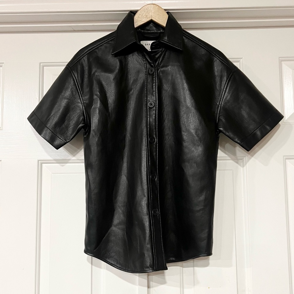 Babaton Black Leather Casual Button Down Shirt